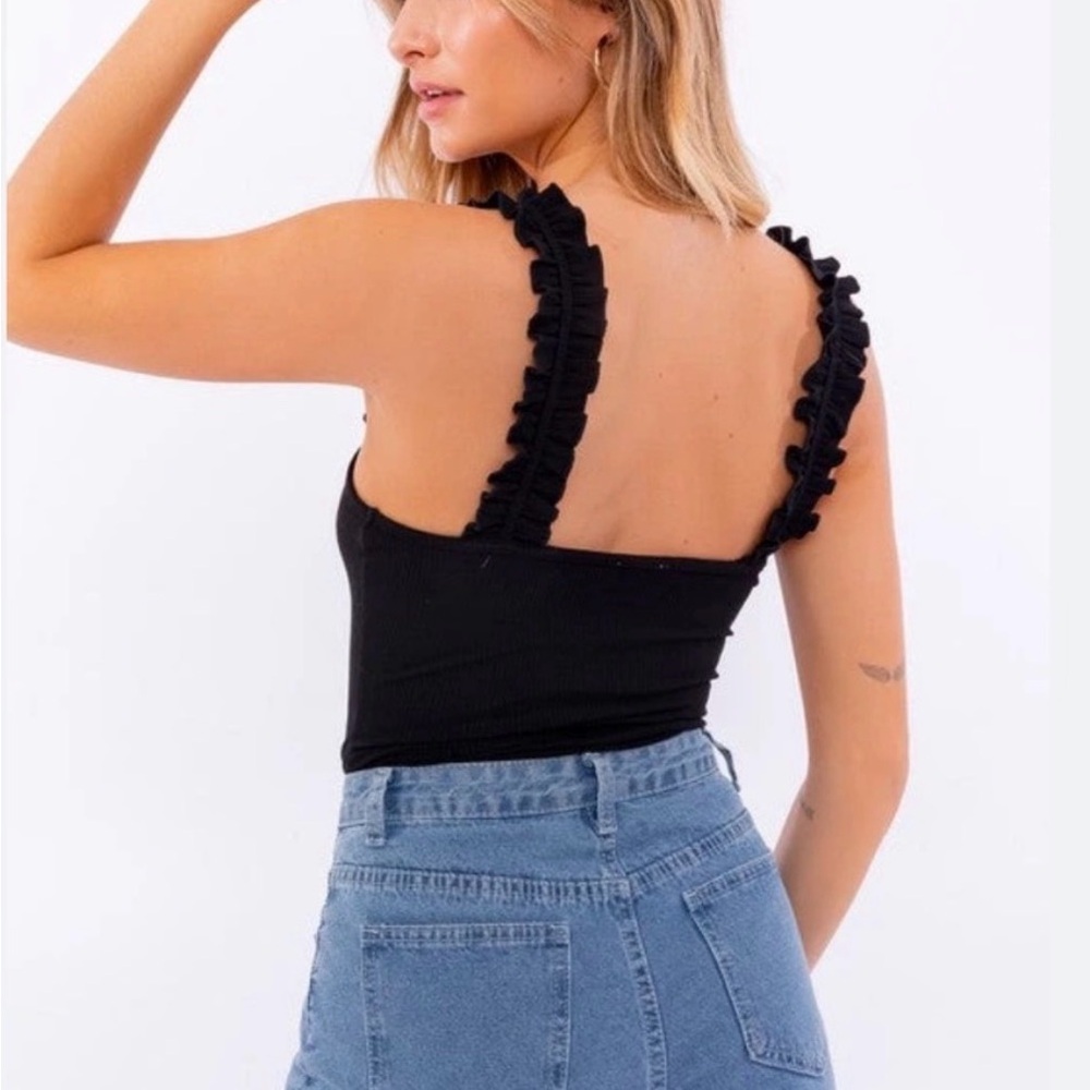 Le Lis Collection Black Ruffle Strap Black Bodysuit Sz Small